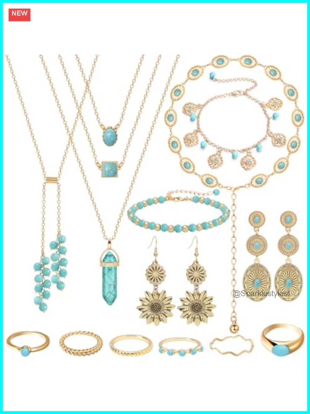 15pc Gold Turquoise Jewelry Set Necklaces Bracelets Rings Earrings Belt Chain